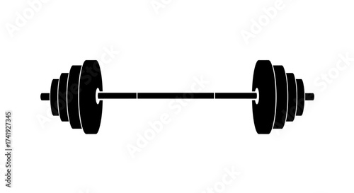 Gym weightlifting barbell with multiple plates for strength training and fitness exercise symbol isolated on white background