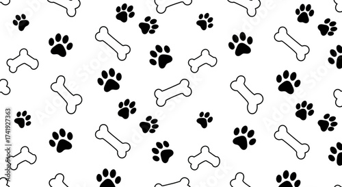 Playful seamless pattern of adorable dog paw prints and cartoon bones great for pet themed designs and animal lover projects isolated on white background