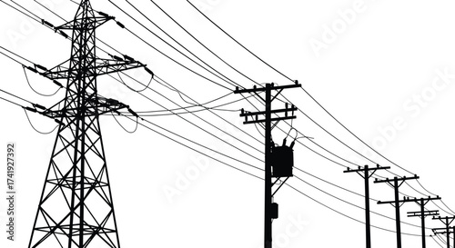 Transmission tower, utility pole, power line, electrical infrastructure, energy distribution, high voltage, transformer box, grid system, vector illustration, black silhouette