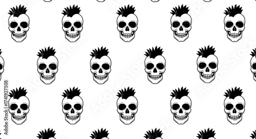 Hand-drawn punk rock skulls pattern seamless repetition grunge aesthetic for edgy designs and tattoos isolated on white background