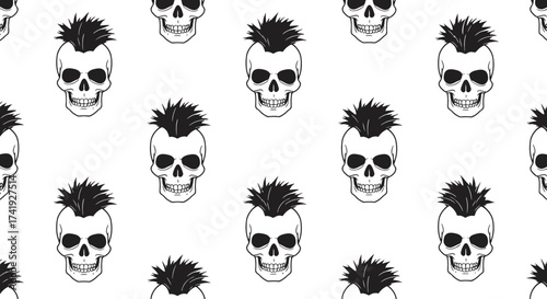 Hand drawn punk rock skulls with mohawks seamless pattern repetitive design for apparel and decor with a bold edgy aesthetic isolated on white background