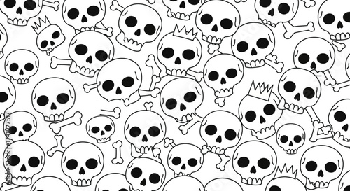 Creepy cartoon skull pattern seamless repeating background artistic doodle hand drawn scary halloween motif for textile and apparel isolated on white background