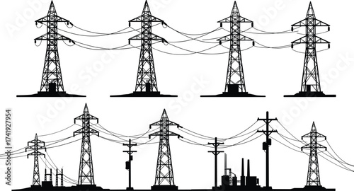 Transmission towers and substation components, electricity infrastructure illustration, power grid system, voltage distribution network, engineering reference, rural energy design