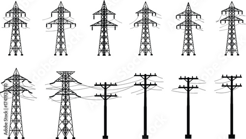 Transmission towers and utility poles, electricity infrastructure silhouettes, power line network, voltage distribution system, rural energy grid, engineering reference illustration