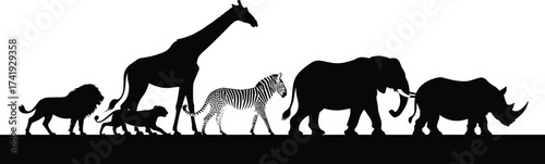 Silhouettes of African wildlife including lion, giraffe, zebra, elephant, rhinoceros, safari animals for nature design, flat vector illustration