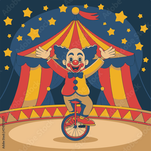 Enchanting Circus Clown on Unicycle Amidst Twinkling Stars and Festive Tent