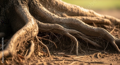 A close-up reveals robust textured tree roots sprawling over dry soil with smaller rootlets visible illuminated by warm natural light