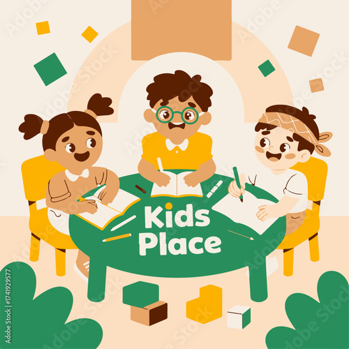 A vibrant illustration showcasing childhood friendship and collaborative learning as diverse kids draw and write together in a playful school environment