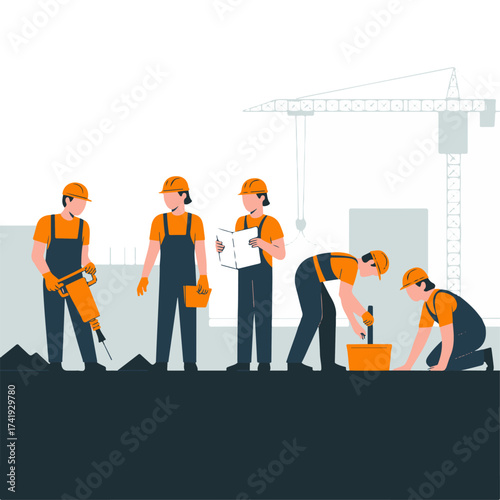 Construction workers in protective gear diligently performing various tasks on a building site, showcasing teamwork and industrial labor