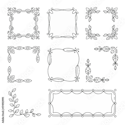 Elegant collection of hand-drawn floral frame designs featuring square and rectangular shapes with decorative elements, suitable for various creative applications