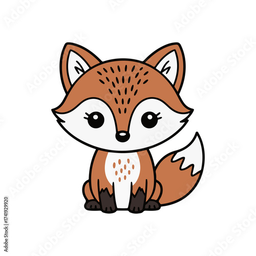 Cute Cartoon Fox Illustration for Children, Featuring a Smiling Fox with Large Eyes and a Fluffy Tail, Isolated on a White Background