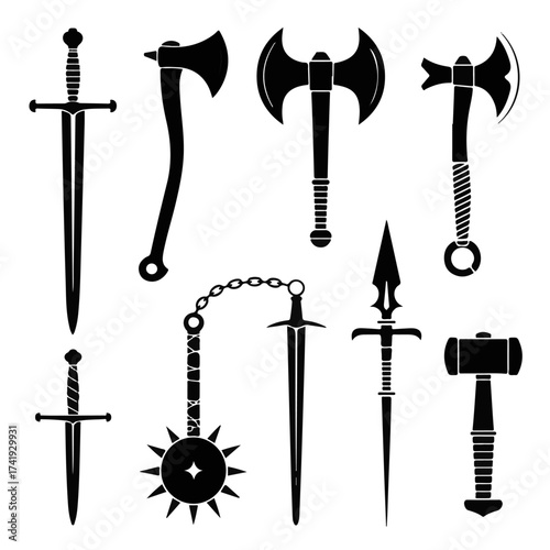 Silhouettes of Ancient Weaponry Swords, Axes, and Mace