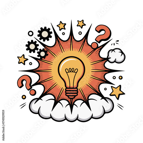 Bright idea concept with a glowing light bulb bursting from a comic book-style explosion, representing creativity, innovation, and problem-solving