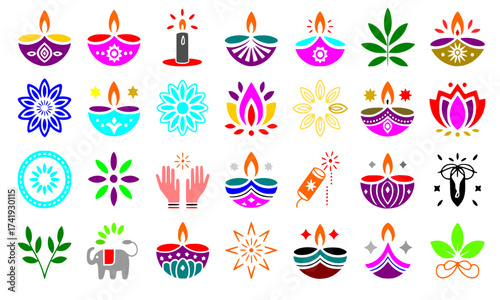 Diwali Festival Vector Icon Set: Modern Indian Holiday Symbols, Colorful Clay Diya Lamps, Rangoli, Firecrackers, and Cultural Elements