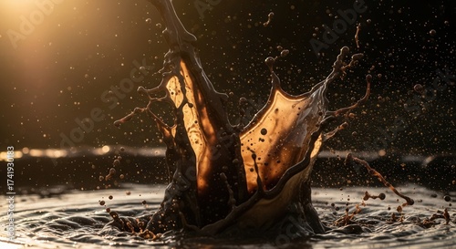 A dramatic high-speed splash of a dark liquid illuminated by warm light sending numerous droplets into the air above a rippled surface