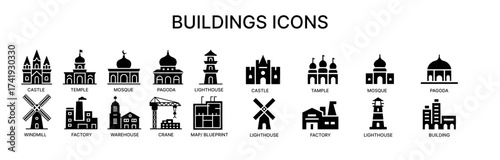 Buildings icons set of architecture, castle, factory, mosque, windmill, skyscraper, lighthouse, temple, warehouse, urban building, cathedral, tower, palace, construction