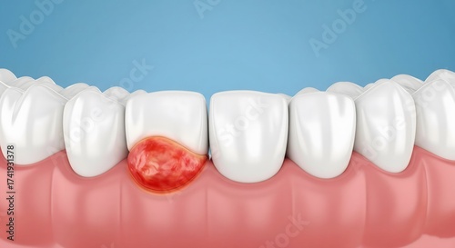 3D illustration of a row of white teeth with red, inflamed gingivitis or periodontal disease affecting the gum tissue