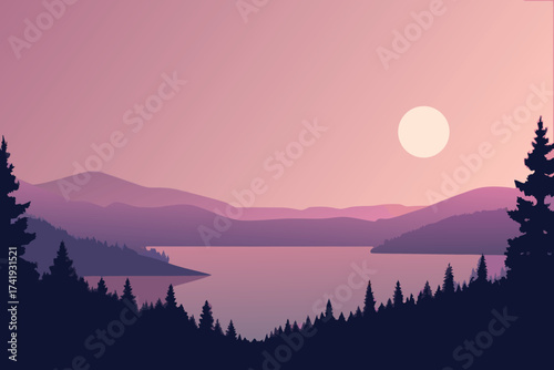Serene landscape with a large moon over a calm lake and silhouetted trees