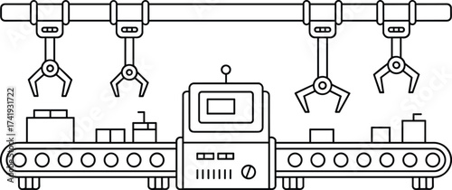 Automated robotic arms operating on conveyor belt system, modern factory production line, industrial automation process, smart manufacturing technology, 