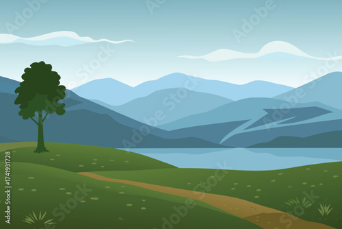 A serene landscape with mountains a lake and a solitary tree