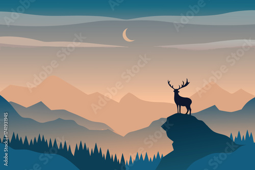 A majestic stag silhouetted against a mountain range at twilight