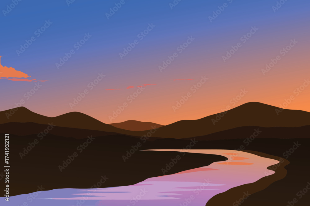 Fototapeta premium A peaceful landscape showing mountains a river and a colorful sunset