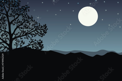 Silhouette of a tree and hills under a bright full moon at night