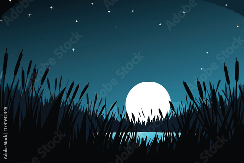 Night landscape with a bright full moon over a serene lake scene