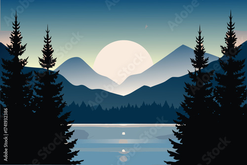 Silhouette of pine trees and mountains under a full moonlit sky