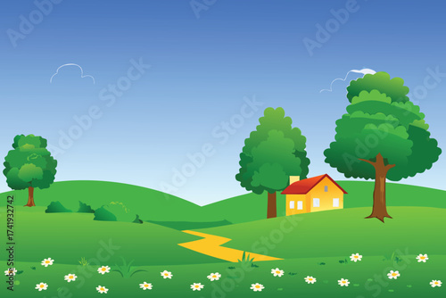 A simple cartoon landscape with a small house and green rolling hills