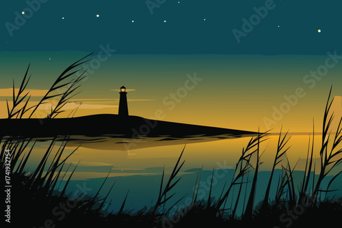 Silhouette of a lighthouse on a hill at sunset calm waters