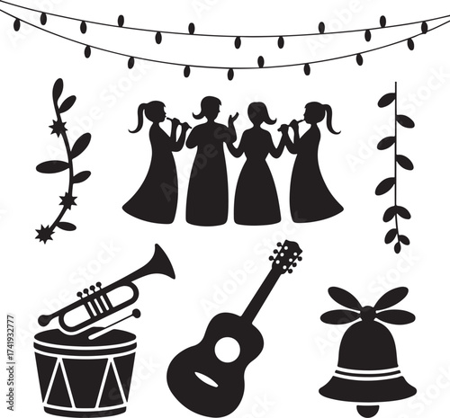 Christmas Music Silhouette Icon Set Vector Design