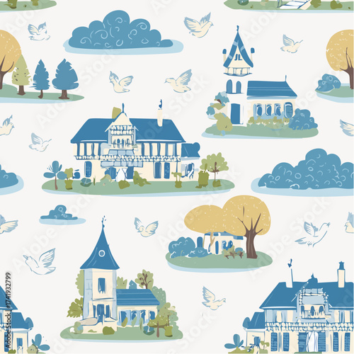 A seamless French Toile de Jouy pattern with delicate pastoral scenes. Perfect for textiles, stationery, and elegant home décor.