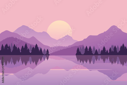 A serene landscape featuring mountains trees and a reflective lake