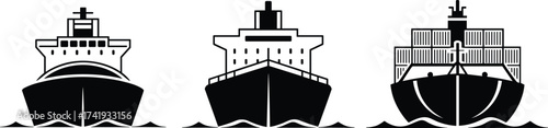 Front view silhouettes of cargo ships, container vessels, freight transportation boats, maritime shipping icons, ocean logistics, isolated vector illustration for transport, 