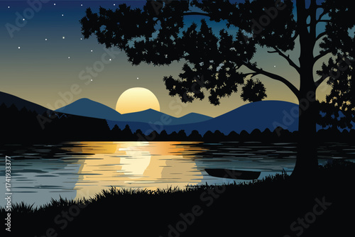 Serene landscape with a full moon reflecting on calm water
