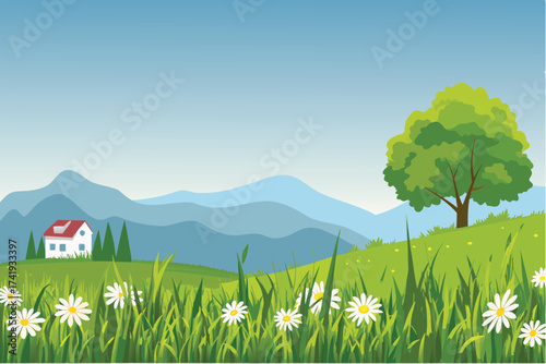 Peaceful countryside landscape featuring hills a house and a lush green meadow