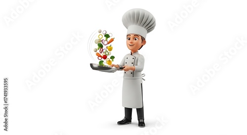 3D cartoon chef in uniform preparing food with vegetables in a pan