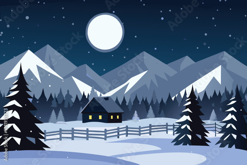 A cozy cabin nestled amongst snowy mountains under a bright moon