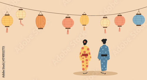 Two women in traditional kimonos walking under colorful lanterns, summer festival couple   