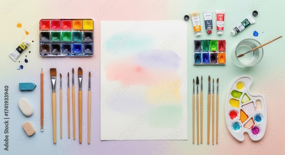 Obraz premium An overhead view of watercolor art supplies including paint sets tubes brushes a water glass palette pencil and erasers arranged around a blank paper with soft color swatches
