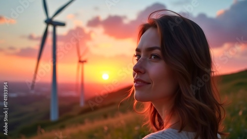 Peaceful woman enjoying sunset and clean energy landscape