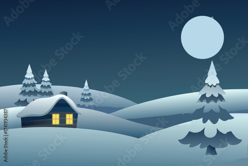 A cozy cabin nestled in a snowy landscape under a bright moon