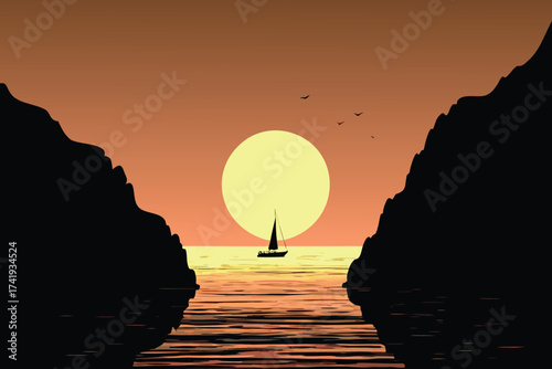 Silhouette of a sailboat passing through cliffs under a bright sunset