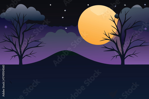 Dark night scene with a bright full moon and silhouetted trees