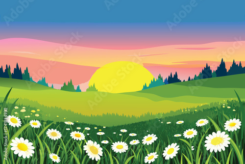 Colorful sunset over a grassy field with wildflowers and distant hills