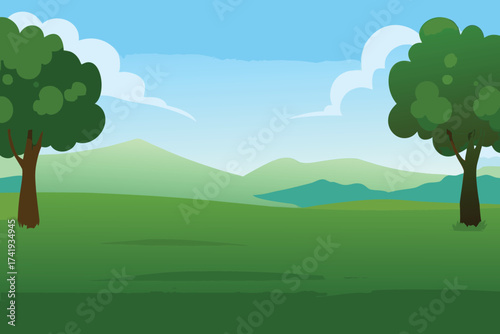 A peaceful cartoon landscape with green hills trees and a blue sky