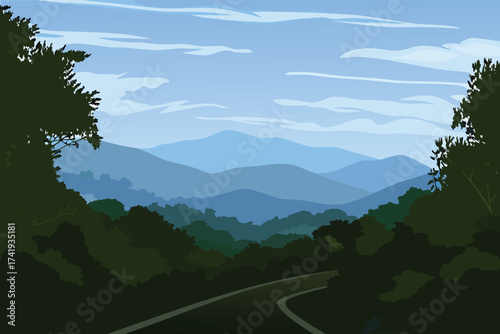 Scenic mountain road winding through lush green forest landscape view