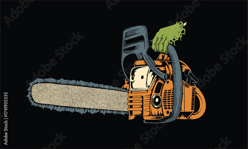 vintage chainsaw zombie spooky halloween vector illustration