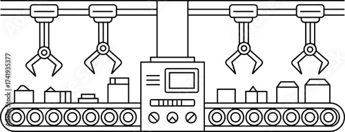 Industrial automation conveyor belt vector illustration, robotic arms machine line, smart factory equipment design, production process system, packaging technology concept, assembly 